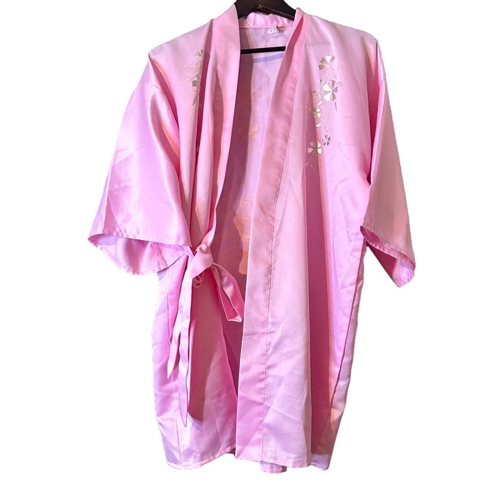 Joli Made in Japan Light Pink Satin Gold Floral Printed Kimono Tie Robe Sz Large